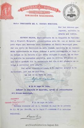Resolución Municipal; Asunto: Por las razones que expresa, solicita la gracia que expresa.; Estado: Denegado por el presidente del H. Concejo Municipal; Unidad Receptora: H. Concejo Municipal; Solicitante: Balada, Alfredo
