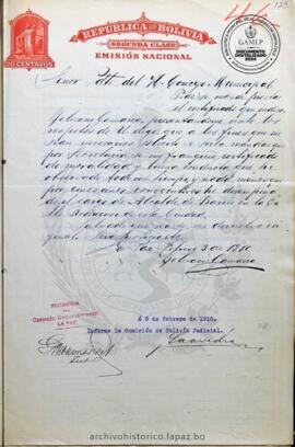 Resolución Municipal ; Asunto: Pide se mande prestar el certificado que indica; Lugar: Calle Rodríguez; Estado: Aprobado mediante Resolución Municipal; Unidad Receptora: H. Concejo Municipal; Solicitante: Gamarra, Belisario