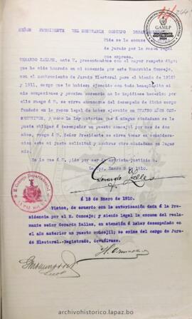 Resolución Municipal ; Asunto: Pide se le excuse del cargo de jurado por la razón legal que expresa.; Estado: Concedido mediante Resolución; Unidad Receptora: H. Concejo Municipal; Solicitante: Zalles, Gerardo