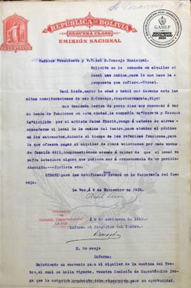 Resolución Municipal; Asunto: Solicita se le conceda en alquiler el local que indica, para lo que hace la propuesta que refiere.- Otrosí.; Lugar: Teatro Municipal ; Estado: Denegado mediante Resolución Municipal; Unidad Receptora: H. Concejo Municipal; Solicitante: Lizón, Raúl
