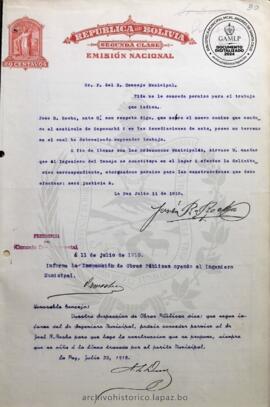 Resolución Municipal ; Asunto: Pide se conceda permiso para el trabajo que indica.;  Lugar: Sopocachi; Estado: Concedido mediante Resolución Municipal; Unidad Receptora: H. Concejo Municipal; Solicitante: Rocha, José B.
