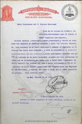 Resolución Municipal ; Asunto: Pide se conceda la licencia que solicita, comisionando para el efecto al Señor Ingeniero que expresa.; Lugar: Valle Sopocachi; Estado: Concedido mediante Resolución; Unidad Receptora: H. Concejo Municipal; Solicitante: Sarabia, Ricardo