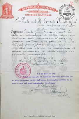 Resolución Municipal ; Asunto: Hace renuncia del cargo que menciona.; Lugar: Zona Recoleta; Estado: Aceptado mediante Resolución; Unidad Receptora: H. Concejo Municipal; Solicitante: Jurado, Francisco