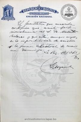 Resolución Municipal; Asunto: Con el Certificado adjunto pide la licencia que expresa; Estado: Recepcionado; Lugar: La Paz; Unidad Receptora: H. Concejo Municipal; Solicitante: Velasco, Modesto P.