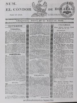 El Condor de Bolivia, edición del 10 de enero de 1828