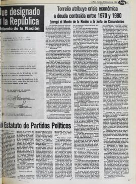 TORRELIO ATRIBUYE CRISIS ECONÓMICA A DEUDA CONTRAÍDA ENTRE 1970 Y 1980. (1982, 20 de julio). Hoy [La Paz, Bolivia], p. 7.