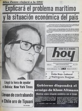 SILES ZUAZO VIAJARÁ A LA ONU. EXPLICARÁ EL PROBLEMA MARÍTIMO Y LA SITUACIÓN ECONÓMICA DEL PAÍS. (1982, 24 de octubre). Hoy [La Paz, Bolivia], p. 1.