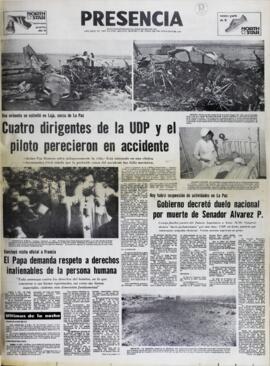 HOY HABRÁ SUSPENSIÓN DE ACTIVIDADES EN LA PAZ. GOBIERNO DECRETÓ DUELO NACIONAL POR MUERTE DE SENADOR ALVAREZ. (1980, 03 de junio). Presencia [La Paz, Bolivia], p. 1.