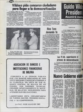 VILDOSO PIDE CONCURSO CIUDADANO PARA LLEGAR A LA DEMOCRATIZACIÓN. (1982, 20 de julio). Hoy [La Paz, Bolivia], p. 6.