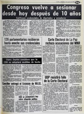 HOY VUELVE A SESIONAR EL CONGRESO DESPUÉS DE 10 AÑOS. (1979, 01 de agosto). Hoy [La Paz, Bolivia], p. 5.