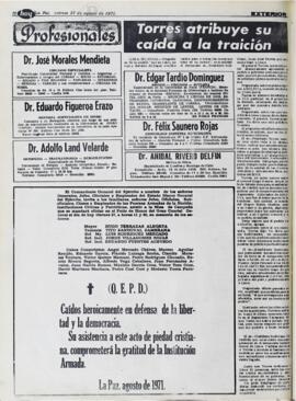 TORRES ATRIBUYE SU CAIDA A LA TRAICION. (1971, 27 de agosto). Hoy [La Paz, Bolivia], p. 10.
