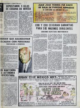 JUAN JOSE TORRES FUE DADO DE BAJA DE FUERZAS ARMADAS. SE CONFIRMO EN COMANDO EN JEFE. (1971, 31 de agosto). Hoy [La Paz, Bolivia], p. 9.