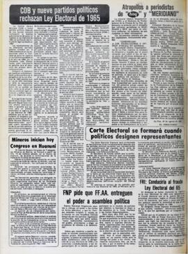 COB Y NUEVE PARTIDOS POLÍTICOS RECHAZAN LEY ELECTORAL DE 1965. (1982, 20 de agosto). Hoy [La Paz, Bolivia], p. 12.