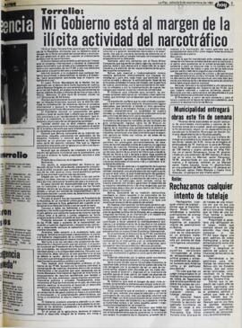 TORRELIO: MI GOBIERNO ESTÁ AL MARGEN DE LA ILÍCITA ACTIVIDAD DEL NARCOTRÁFICO. (1981, 05 de septiembre). Hoy [La Paz, Bolivia], p. 9.