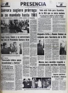GUEVARA SUGIERE PRÓRROGA DE SU MANDATO HASTA 1981. (1979, 21 de octubre). Presencia [La Paz, Bolivia], p. 1.