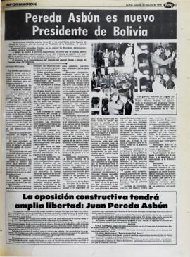 PEREDA ASBÚN ES NUEVO PRESIDENTE DE BOLIVIA. (1978, 22 de julio). Hoy [La Paz, Bolivia], p. 3.