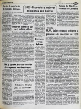 PERIODISTAS FF.AA. DEBEN ENTREGAR GOBIERNO A GANADORES DE ELECCIONES DE 1980. (1982, 08 de agosto). Hoy [La Paz, Bolivia], p. 3.