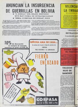 ANUNCIAN LA INSURGENCIA DE GUERRILLAS EN BOLIVIA. "O JORNAL" DEL BRASIL SOSTIENE QUE HAY CLIMA DE INTRANQUILIDAD. (1971, 30 de agosto). Hoy [La Paz, Bolivia], p. 8.