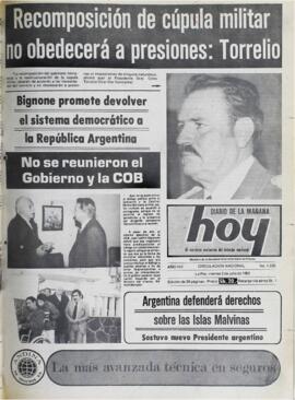 RECOMPOSICIÓN DE CÚPULA MILITAR NO OBEDECERÁ A PRESIONES: TORRELIO. (1982, 02 de julio). Hoy [La Paz, Bolivia], p. 1.