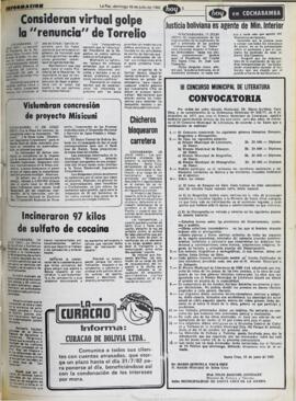 CONSIDERAN VIRTUAL GOLPE LA "RENUNCIA DE TORRELIO. (1982, 18 de julio). Hoy [La Paz, Bolivia], p. 5.