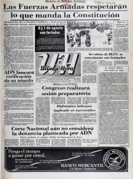 MINISTRO DE DEFENSA NACIONAL: LAS FUERZAS ARMADAS RESPETARÁN LO QUE MANDA LA CONSTITUCIÓN. (1985, 02 de agosto). Ultima Hora [La Paz, Bolivia], p. 1.