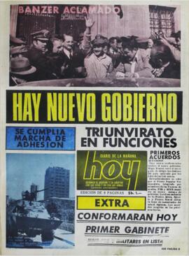 HAY NUEVO GOBIERNO. TRIUNVIRATO EN FUNCIONES. PRIMEROS ACUERDOS. (1971, 22 de agosto). Hoy [La Paz, Bolivia], p. 1.