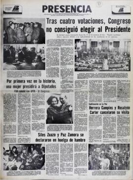 SILES ZUAZO Y PAZ ZAMORA SE DECLARARON EN HUELGA DE HAMBRE. (1979, 05 de agosto). Presencia [La Paz, Bolivia], p. 1.