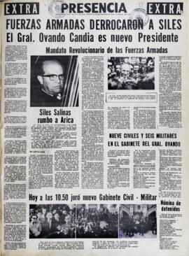 HOY A LAS 10.50 JURÓ NUEVO GABINETE CIVIL - MILITAR. (1969, 26 de septiembre). Presencia [La Paz, Bolivia], p. 15.