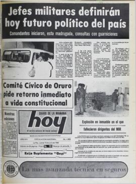 JEFES MILITARES DEFINIRÁN HOY FUTURO POLÍTICO DEL PAÍS: COMANDANTES INICIARON, ESTA MADRUGADA, CONSULTAS CON GUARNICIONES. (1982, 15 de julio). Hoy [La Paz, Bolivia], p. 1.