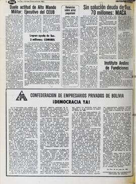 DUELE ACTITUD DE ALTO MANDO MILITAR: EJECUTIVO DEL CEUB. (1982, 23 de julio). Hoy [La Paz, Bolivia], p. 8.