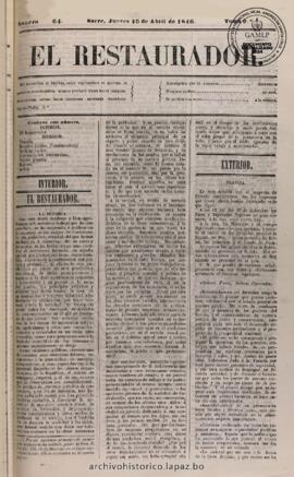 El Restaurador, edición del 16 de abril de 1846