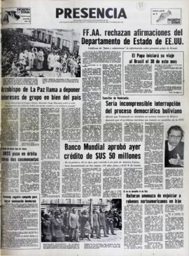 CANCILLER DE VENÉZUELA: SERÍA INCOMPRENSIBLE INTERRUPCIÓN DEL PROCESO DEMOCRÁTICO BOLIVIANO. (1980, 06 de junio). Presencia [La Paz, Bolivia], p. 1.