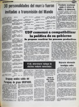 UDP COMENZÓ A COMPATIBILIZAR LA POLÍTICA DE SU GOBIERNO. (1982, 29 de septiembre). Hoy [La Paz, Bolivia], p. 5.