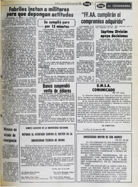 FABRILES INSTAN A MILITARES PARA QUE DEPONGAN ACTITUDES. (1982, 20 de julio). Hoy [La Paz, Bolivia], p. 5.