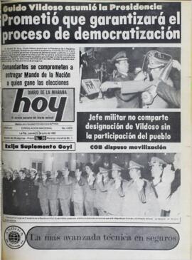 GUIDO VILDOS ASUMIÓ LA PRESIDENCIA. PROMETIÓ QUE GARANTIZARÁ EL PROCESO DE DEMOCRATIZACIÓN. (1982, 22 de julio). Hoy [La Paz, Bolivia], p. 1.
