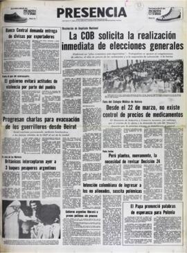 FRENTE AL PARO DEL AUTOTRANSPORTE: EL GOBIERNO EVITARÁ ACTITUDES DE VIOLENCIA POR PARTE DEL PUEBLO. (1982, 12 de agosto). Presencia [La Paz, Bolivia], p. 1.