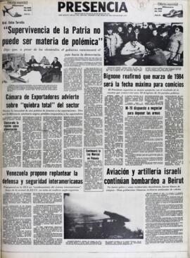GRAL. CELSO TORRELIO: "SUPERVIVENCIA DE LA PATRIA NO PUEDE SER MATERIA DE POLÉMICA". (1982, 25 de junio). Presencia [La Paz, Bolivia], p. 1.