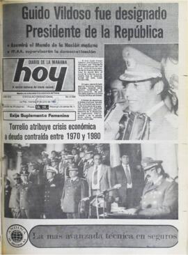 GUIDO VILDOSO FUE DESIGNADO PRESIDENTE DE LA REPÚBLICA. (1982, 20 de julio). Hoy [La Paz, Bolivia], p. 1.