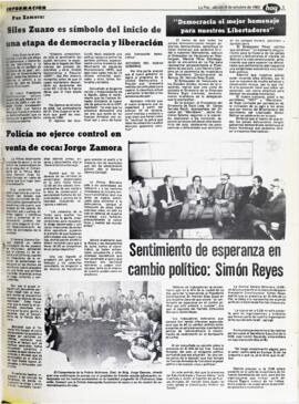 PAZ ZAMORA: SILES ZUAZO ES SÍMBOLO DEL INICIO DE UNA ETAPA DE DEMOCRACIA Y LIBERACIÓN. (1982, 09 de octubre). Hoy [La Paz, Bolivia], p. 5.