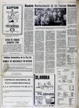 MANDATO REVOLUCIONARIO DE LAS FUERZAS ARMADAS. (1969, 27 de septiembre). Presencia [La Paz, Bolivia], p. 2.