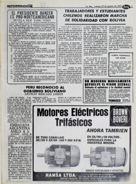 EL PRESIDENTE BANZER ES PRO-NORTEAMERICANO. REVELA NEW YORK TIMES. (1971, 27 de agosto). Hoy [La Paz, Bolivia], p. 7.