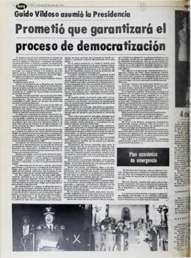 GUIDO VILDOSO ASUMIÓ LA PRESIDENCIA. PROMETIÓ QUE GARANTIZARÁ EL PROCESO DE DEMOCRATIZACIÓN. (1982, 22 de julio). Hoy [La Paz, Bolivia], p. 6.