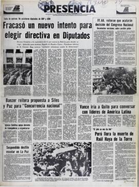 FALTA DE QUÓRUM: NO ASISTIERON DIPUTADOS DE UDP Y ADN. FRACASÓ UN NUEVO INTENTO PARA ELEGIR DIRECTIVA EN DIPUTADOS. (1979, 04 de agosto). Presencia [La Paz, Bolivia], p. 1.
