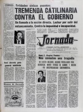 ENTIDADES CÍVICAS PACEÑAS: TREMENDA CATILINARIA CONTRA EL GOBIERNO UN LLAMADO A LA ACCIÓN DIRECTA. LUCHAR POR SALIR DEL ESTANCAMIENTO. CONTRA LA IMPUNIDAD E INCAPACIDAD. (1982, 08 de julio). Jornada [La Paz, Bolivia], p. 1.