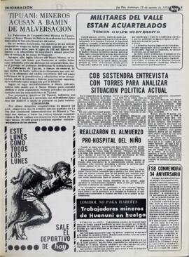 COB SOSTENDRA ENTREVISTA CON TORRES PARA ANALIZAR SITUACION POLITICA ACTUAL. (1971, 15 de agosto). Hoy [La Paz, Bolivia], p. 3.