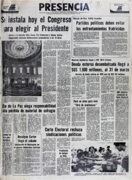 SE INSTALA HOY EL CONGRESO PARA ELEGIR AL PRESIDENTE. (1979, 01 de agosto). Presencia [La Paz, Bolivia], p. 1.