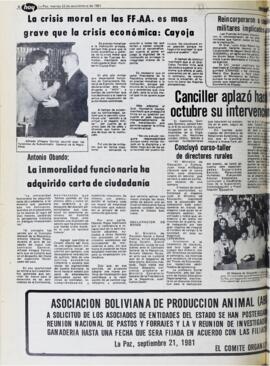 LA CRISIS MORAL EN LAS FFAA ES MÁS GRAVE QUE LA CRISIS ECONÓMICA: CAYOJA. (1981, 22 de septiembre). Hoy [La Paz, Bolivia], p. 8.