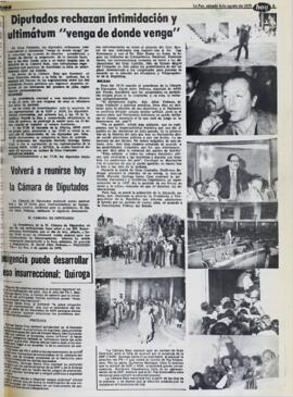 DIPUTADOS RECHAZAN INTIMIDACIÓN Y ULTIMÁTUM "VENGA DE DONDE VENGA". (1979, 04 de agosto). Hoy [La Paz, Bolivia], p. 9.