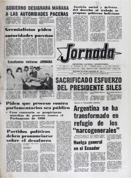 SACRIFICADO ESFUERZO DEL PRESIDENTE SILES. (1982, 21 de octubre). Jornada [La Paz, Bolivia], p. 1.