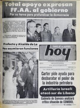 FFAA EXPRESARON TOTAL APOYO AL Y A SU TAREA POR PROFUNDIZAR LA DEMOCRACIA. (1979, 22 de agosto). Hoy [La Paz, Bolivia], p. 1,16.